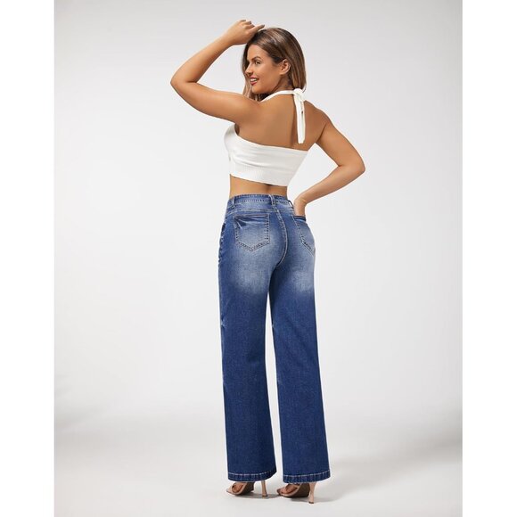 Women's Wide Leg Jeans High Waisted Stretchy Denim Trousers Casual Versatile - Picture 3 of 7